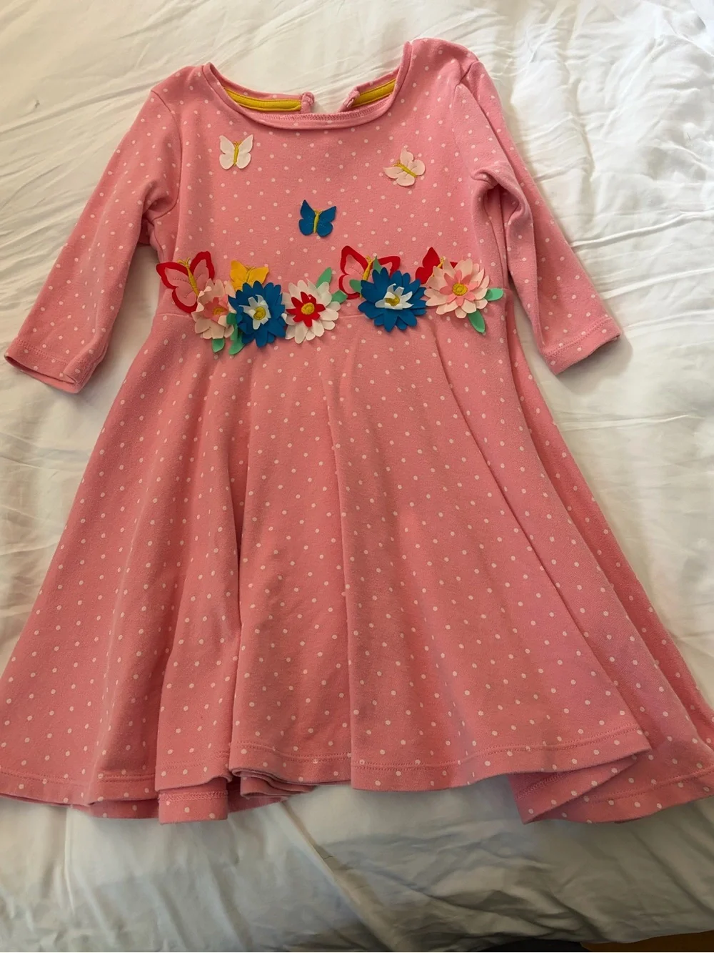 Mini Boden Pink Polka Dot Dress with Colorful Floral & Butterfly Appliqués